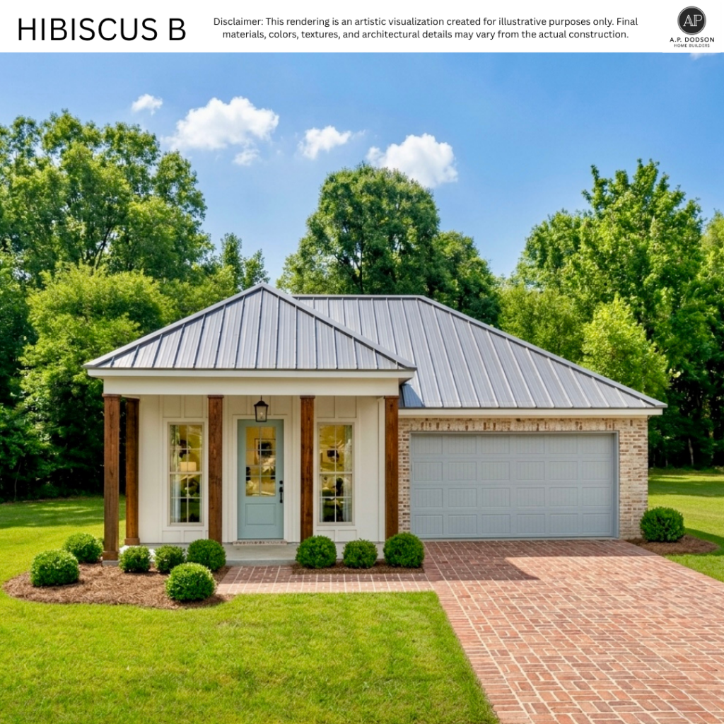 Hibiscus B elevation by AP Dodson Home Builders – single-story new construction home with metal roof, brick and board-and-batten exterior, covered front porch with stained wood columns, two-car garage, and landscaped front yard.