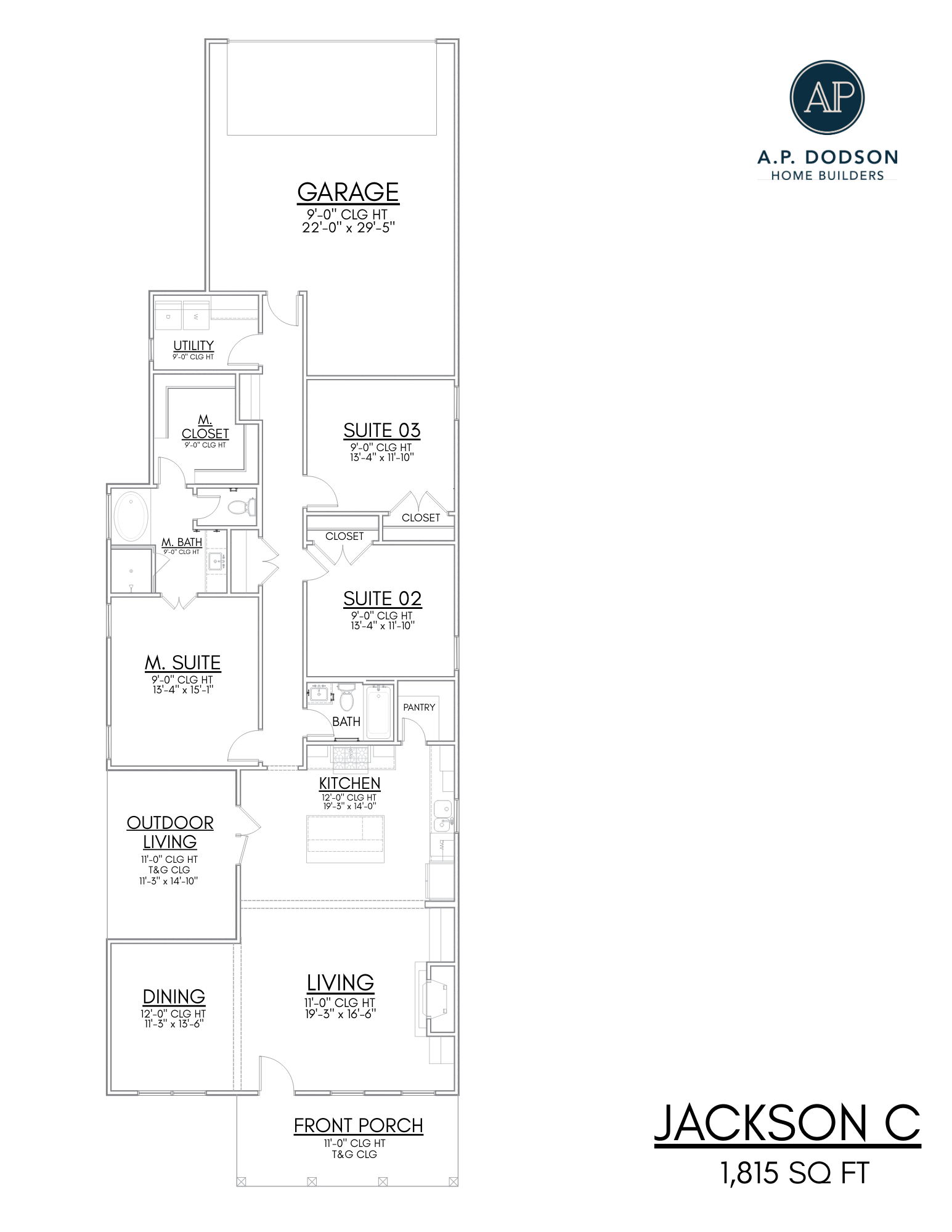 Jackson C floor plan by AP Dodson Home Builders – 1,815 sq ft single-story home featuring 3 bedrooms, 2 bathrooms, open-concept kitchen with island and pantry, dining area, spacious living room, private master suite with walk-in closet, outdoor living space, front porch, utility room, and 2-car garage layout.