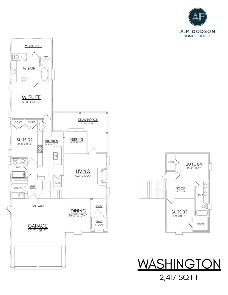 Washington floor plan by AP Dodson Home Builders – 2,417 sq ft two-story home featuring 4 bedrooms, 3 bathrooms, open-concept living area, kitchen with island and keeping room, dining room, private master suite with walk-in closet, upstairs loft with additional bedrooms, rear porch, mudroom, and 2-car garage layout.