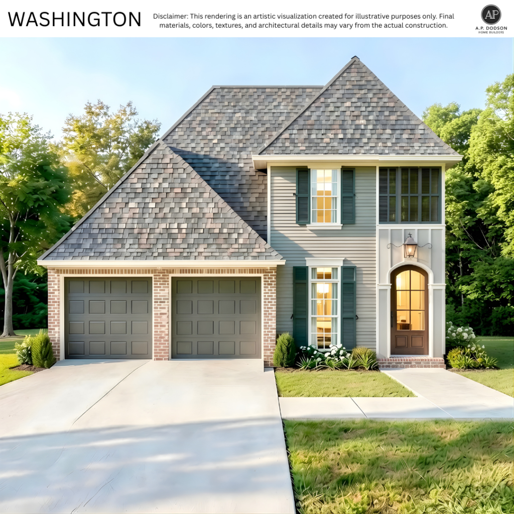 Washington floor plan elevation by AP Dodson Home Builders – two-story new construction home featuring brick and siding exterior, steep gable roof, double garage, arched front entry with columns, and landscaped front yard in a modern Southern-style design.