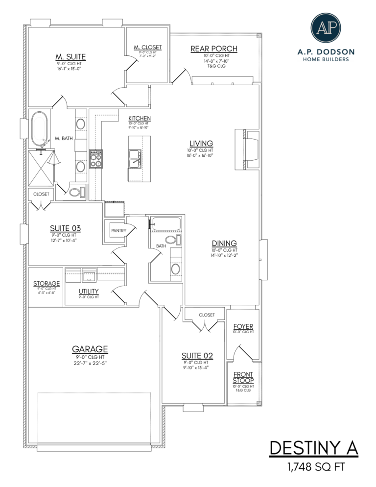 Destiny A floor plan by AP Dodson Home Builders – 1,748 sq ft single-story home featuring 3 bedrooms, 2 bathrooms, open-concept kitchen with island and pantry, spacious living and dining area, private master suite with walk-in closet, rear porch, front stoop, utility room, storage space, and 2-car garage layout.
