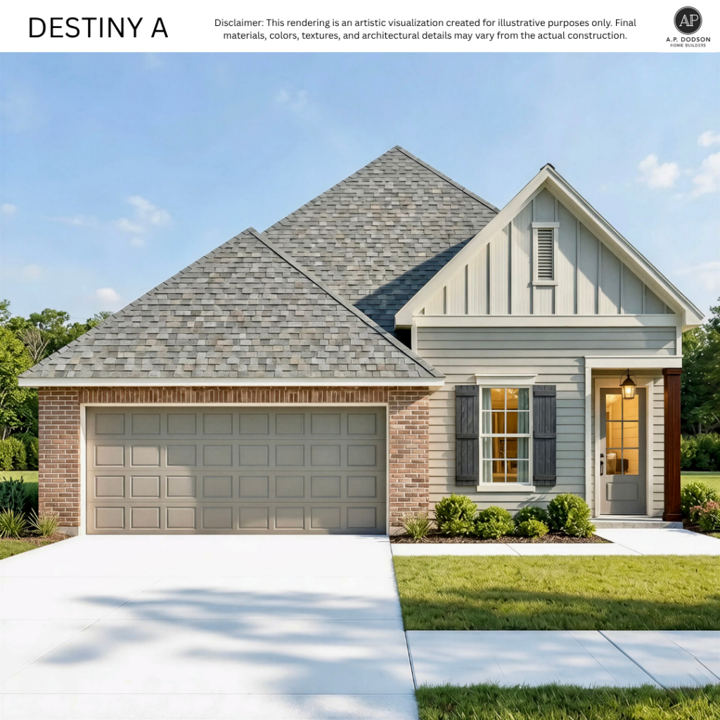 Destiny A elevation by AP Dodson Home Builders – single-story new construction home with brick and siding exterior, gable roof, covered front entry, shutters, two-car garage, and landscaped front yard.